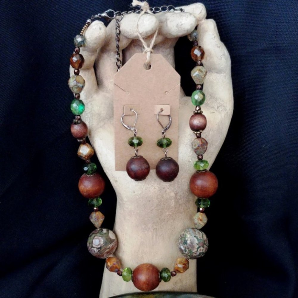 Vintage Costume Jewelry Silver Genuine Green Rhyolite Jasper & Wood Set